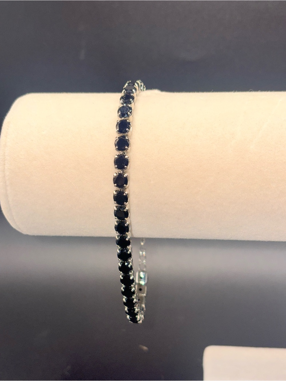 Black Crystal Tennis Bracelet Silver Tone Adjustable Heart Charm